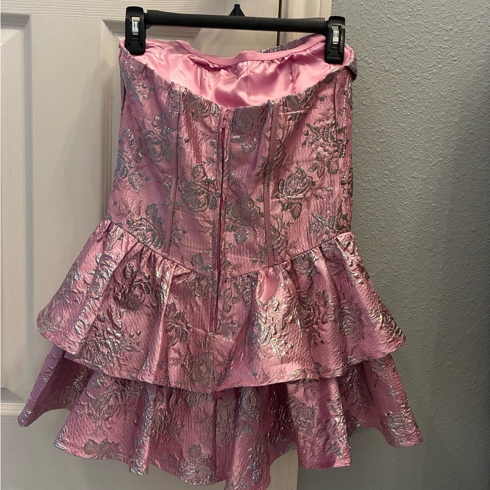 Strapless Pink Floral Jacquard Tiered Mini Dress - Picture 3 of 3